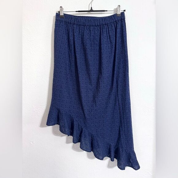 J. Crew Mercantile Eyelet Asymmetrical Ruffle Midi Skirt, navy blue, size small - Picture 2 of 8